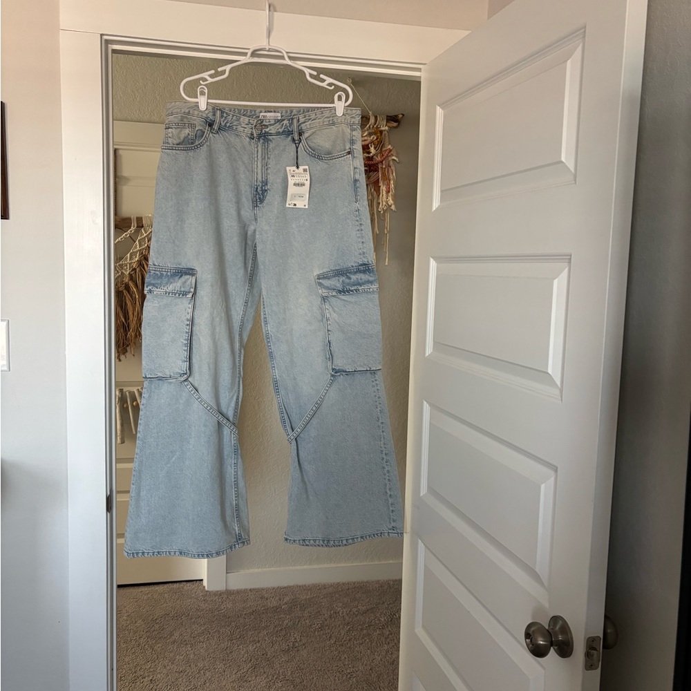 Zara Light Blue Women's Mid-Rise TRF Cargo Jeans